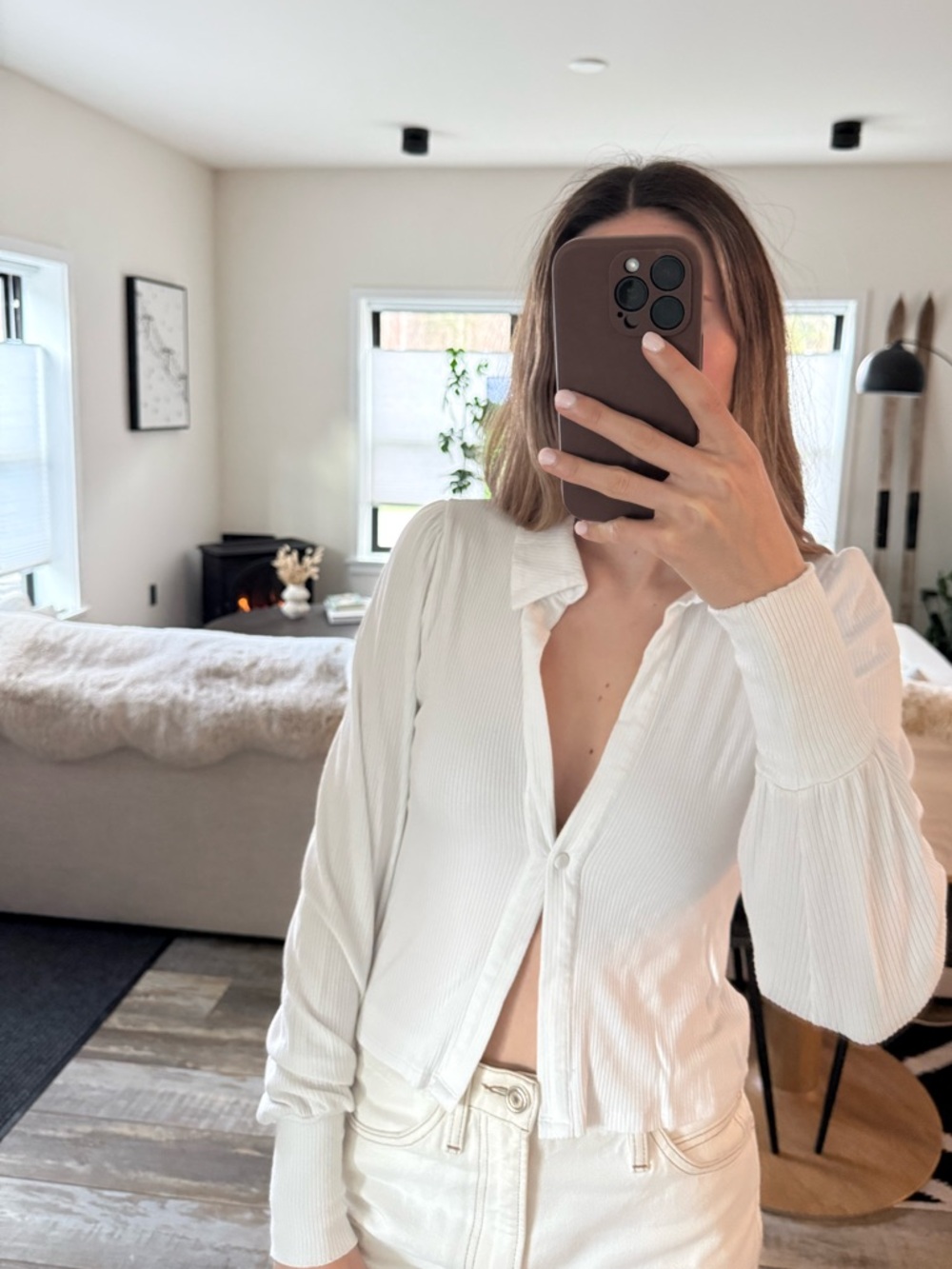 AFRM White Ribbed Button-Front Blouse - Picture 2 of 3